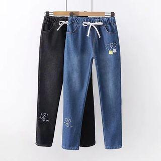 Fleece-lined Embroidered Drawstring Jeans