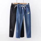 Fleece-lined Embroidered Drawstring Jeans