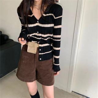 Color-block Striped V-neck Cardigan As Shown In Figure - One Size