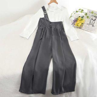 Set: Plain Shirt + One-shoulder Wide-leg Jumper Pants