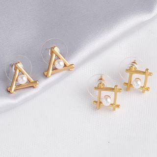 Faux Pearl Triangle Alloy Earring 1 Pair - Triangle - Gold - One Size