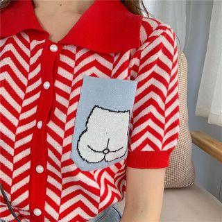 Short-sleeve Patterned Buttoned Knit Top