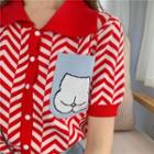 Short-sleeve Patterned Buttoned Knit Top