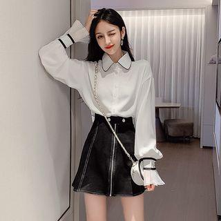 Set: Contrast Trim Balloon-sleeve Shirt + Zip-up Mini A-line Skirt