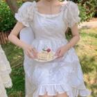 Puff-sleeve Ruffle Trim Plain Mini Dress White - One Size
