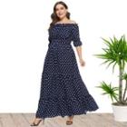 Plus Size Elbow Sleeve Off-shoulder Dot A-line Dress