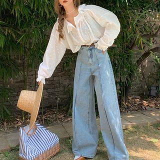 Puff-sleeve Dotted Blouse / Wide Leg Jeans