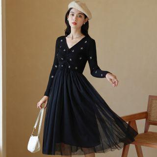 V-neck Mesh Panel Knit Midi A-line Dress