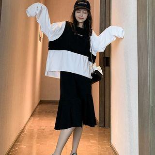 Set: Mock Two-piece Pullover + Midi A-line Skirt