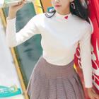 Heart Embroidered Mock Neck Long Sleeve Knit Top
