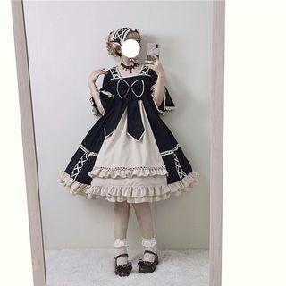 Bow Accent Frilled Trim Elbow-sleeve A-line Dress / Hairband / Set