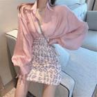 Puff-sleeve Shirt / Leopard Print A-line Skirt