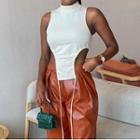 Plain Asymmetric Mock-neck Sleeveless Crop Top
