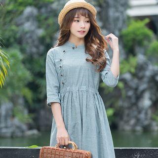 Pinstriped 3/4 Sleeve Midi Dress