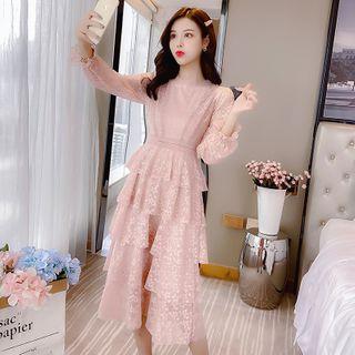 Bell-sleeve Layered Midi A-line Lace Dress