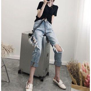 Set: Short-sleeve Drawstring T-shirt + Frayed Hem Ripped Cropped Jeans