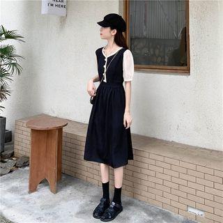 Round-neck Contrast Trim A-line Midi Dress Black - One Size