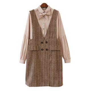 Set : Bow Long-sleeve Blouse + Pinstripe Sleeveless Dress