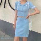 Polo-neck Short-sleeve Rib Knit Top / Mini Pencil Skirt / Mini Sheath Dress