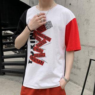 Elbow-sleeve Lettering Contrast-color T-shirt