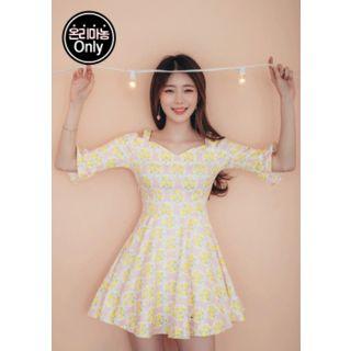 Elbow-sleeve Off-shoulder Pattern Mini Flare A-line Dress