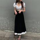 Short-sleeve Crinkled Blouse / Layered Midi A-line Skirt