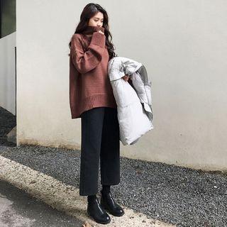 Set: Turtleneck Plain Sweater + Wide-leg Pants