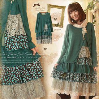 Long-sleeved Floral Print Layered Cutout Dress