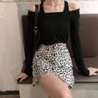 Cold Shoulder Long-sleeve Top / Leopard A-line Skirt