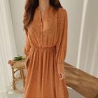 Flower Print Long-sleeve Midi A-line Dress Tangerine - One Size