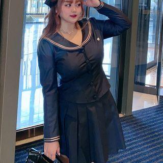 Long-sleeve Sailor Collar Shirt / Mini A-line Skirt