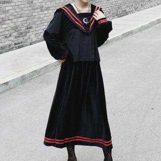 Long-sleeve Sailor Collar Top / Midi A-line Skirt / Set