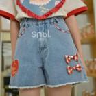 Heart Embroidered Bow Accent Denim Shorts