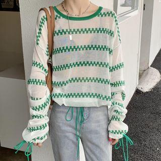 Long-sleeve Striped Loose Fit Tie-strap Top