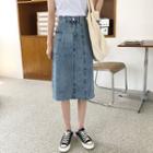 High-waist Frayed Split Hem Denim A-line Skirt