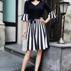 Striped Panel Elbow Sleeve Knit Dress
