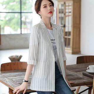 Pinstriped Single-button 3/4-sleeve Blazer