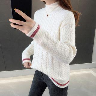 Mock-neck Contrast Trim Cable Knit Sweater