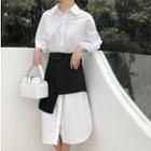 Set: Plain 3/4-sleeve Shirt Dress + Asymmetric Hem A-line Skirt