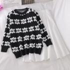 Flower Print Loose-fit Sweater / Plain Midi Skirt