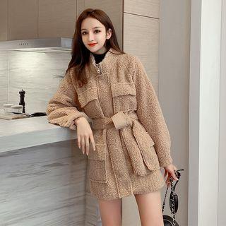 Stand-collar Tie-waist Fleece Plain Coat