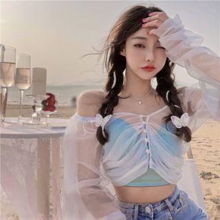 Set: Mesh Blouse + Camisole Set Of 2 - Vest - Blue & Coat - White - One Size