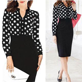 Polka Dot V-neck Midi Sheath Dress
