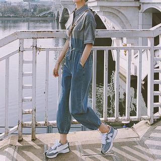 Plaid Panel Denim Jumpsuit