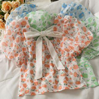 Ribbon-back Printed Crop Lace Top