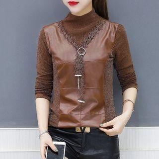 Mock-neck Faux-leather Panel Long-sleeve T-shirt