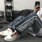Paneled Fringed Trim Straight Leg Jeans