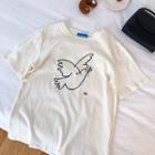 Picture Embroidered Crewneck Short-sleeve Top Almond - One Size