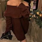 Off-shoulder Plain Loose Fit Knit Dress Wine Red - One Size