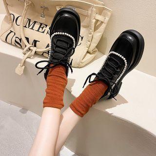 Block Heel Faux Pearl Lace Up Shoes